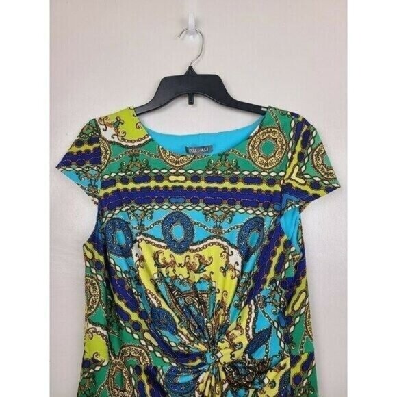 Roz & Ali Womens BOHO Sheath Dress Sz 16 Green Blue Floral Knot Front Cap Sleeve - Picture 3 of 8